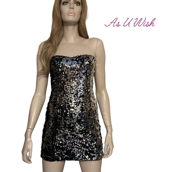 Nordstrom As U Wish Sequin Dress Silver Black Strapless Party Cocktail Sexy - Picture 1 of 15